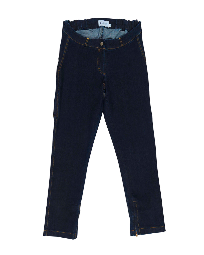 מכנסי פרידה צבע כחול בגזרה מותאמת גם לישיבה רוכסנים בצדדים